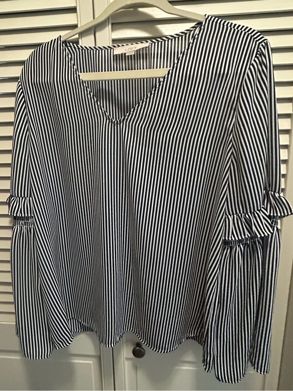LOFT Black & White Vertical Stripe V-Neck Blouse with Ruffle Sleeves